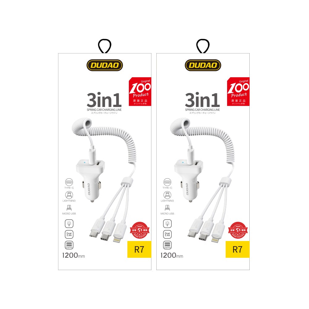 Dudao autós töltő 2x USB 2.4A + USB kábel 3in1 Lightning / Type C / micro USB kábel (R7) - Fehér